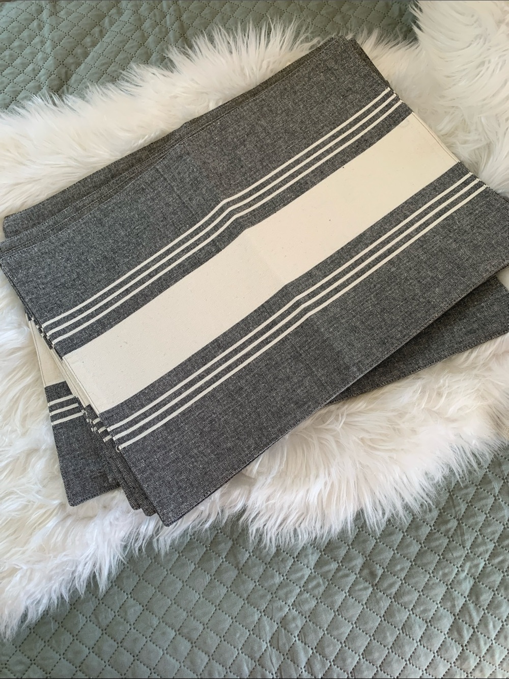 Coastal Look Placemats Set of 8 Blue-Gray and White Striped Fabric NWOT